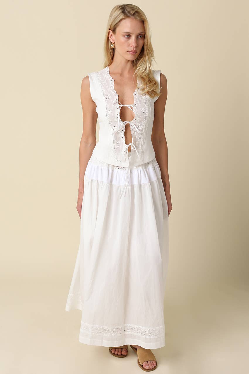 Amelia Lace-Up Scallop Trim Top - White
