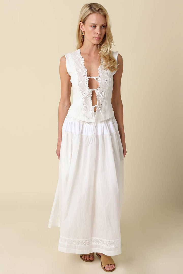 Amelia Lace-Up Scallop Trim Top - White