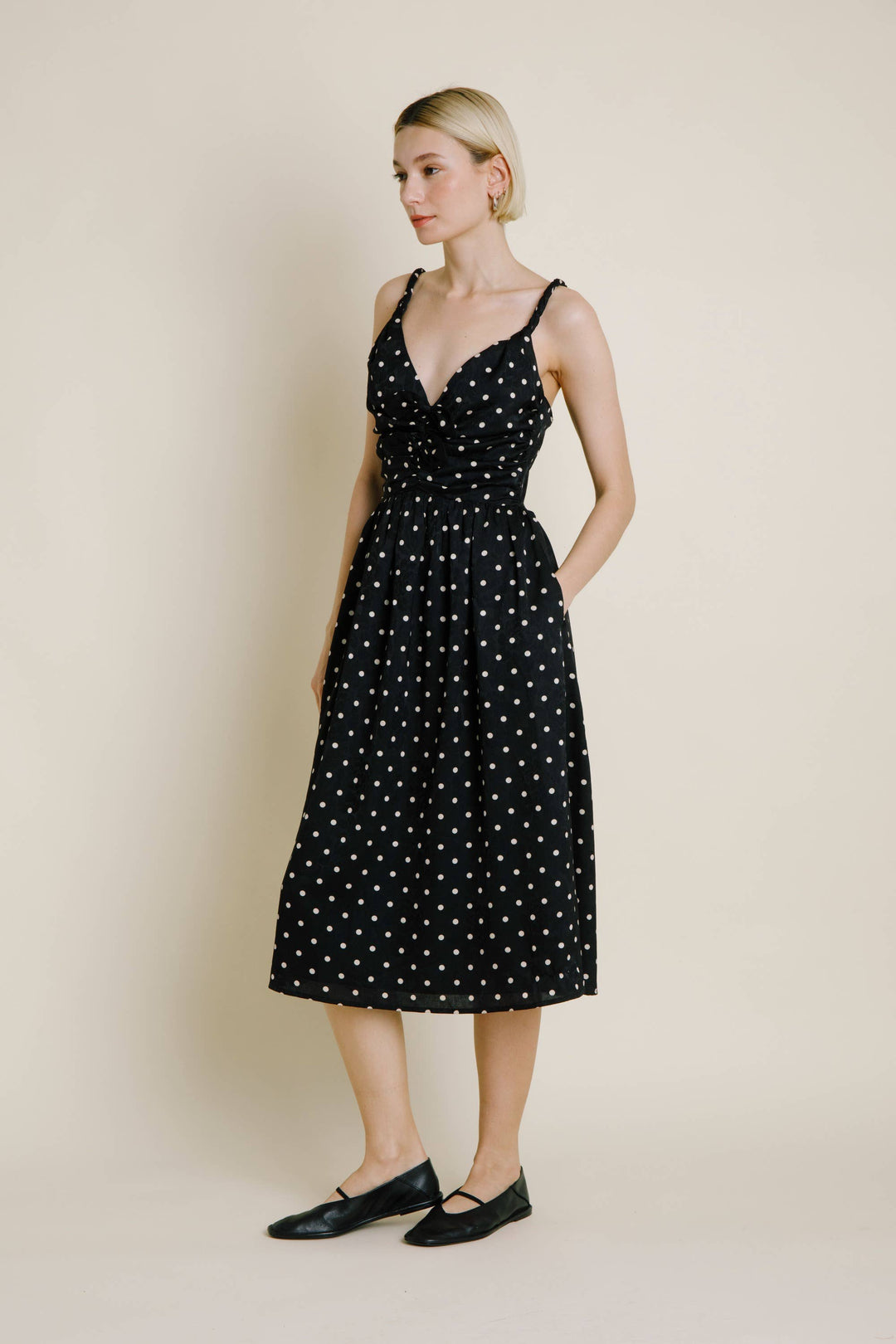 Rebecca Ruched Polka Dot Satin Midi Dress