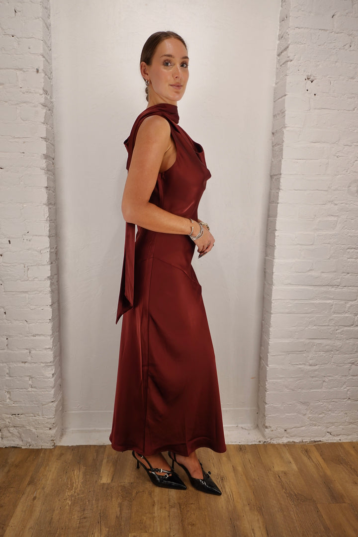 Cabaret Satin Cowl Neck Scarf Maxi Dress