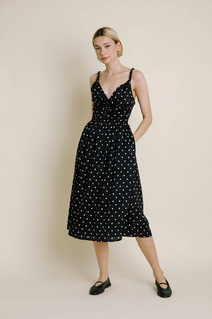 Rebecca Ruched Polka Dot Satin Midi Dress