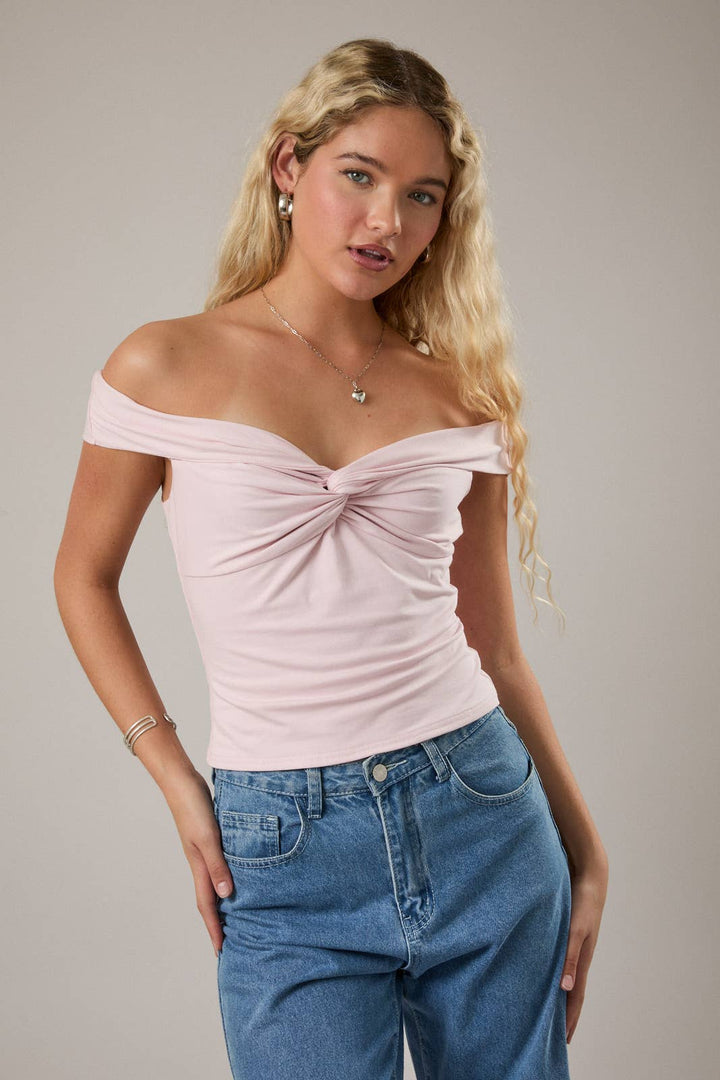 Tiffany Off-Shoulder Twist Top - Light Pink
