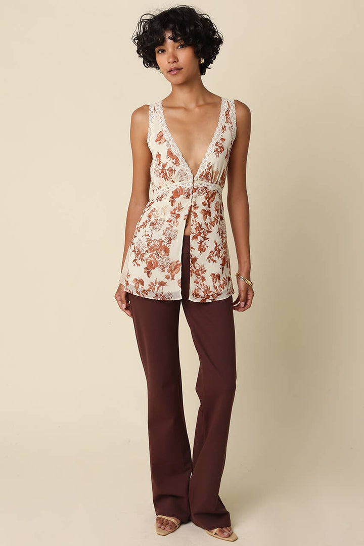 Ginna Floral Lace Trim Top