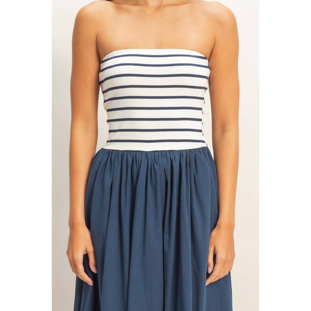Melody Striped Strapless Flowy Midi Dress