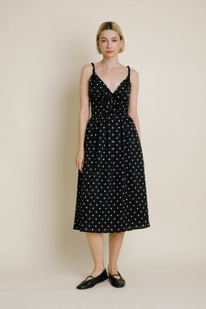 Rebecca Ruched Polka Dot Satin Midi Dress
