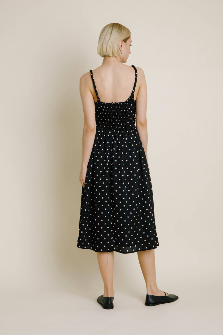 Rebecca Ruched Polka Dot Satin Midi Dress