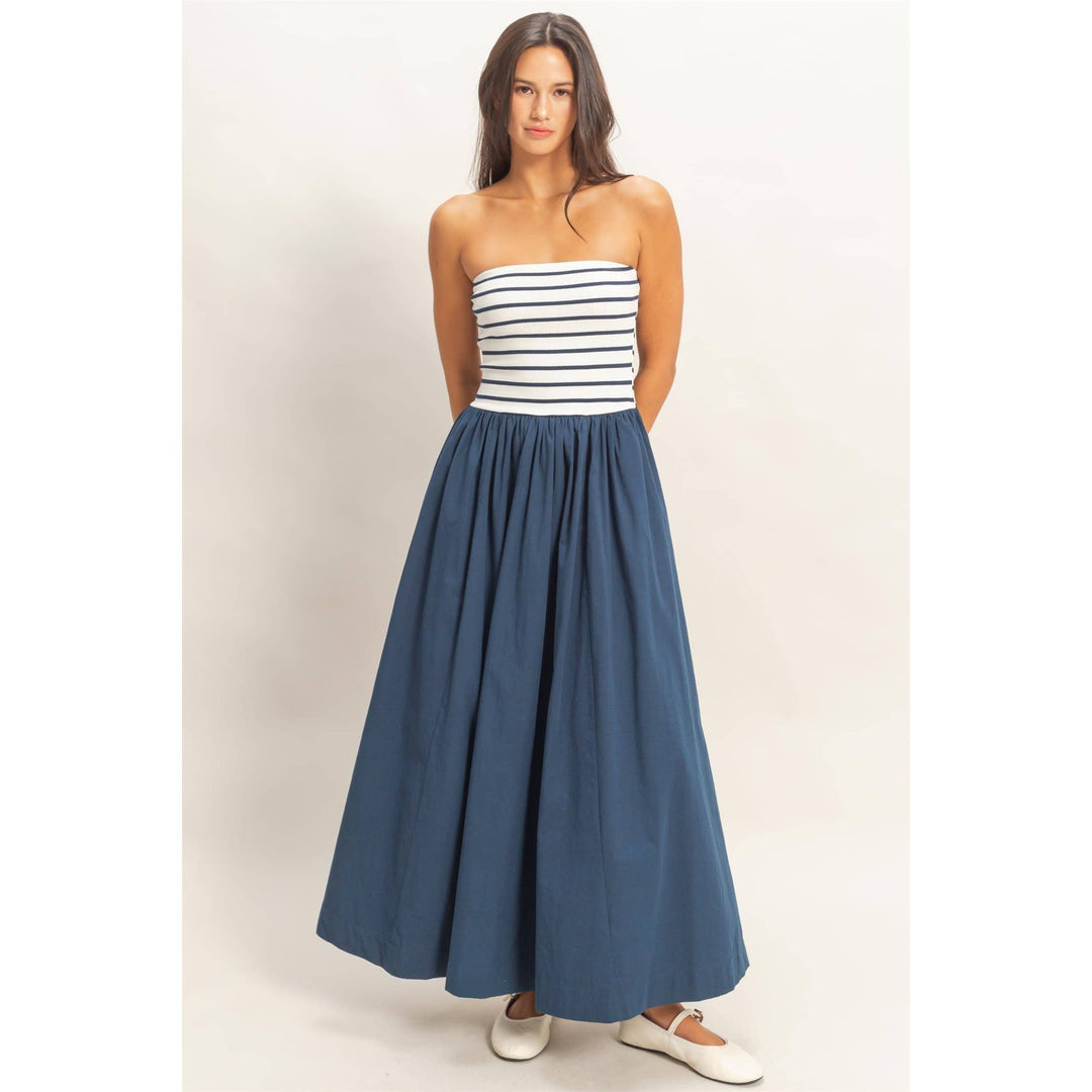Melody Striped Strapless Flowy Midi Dress