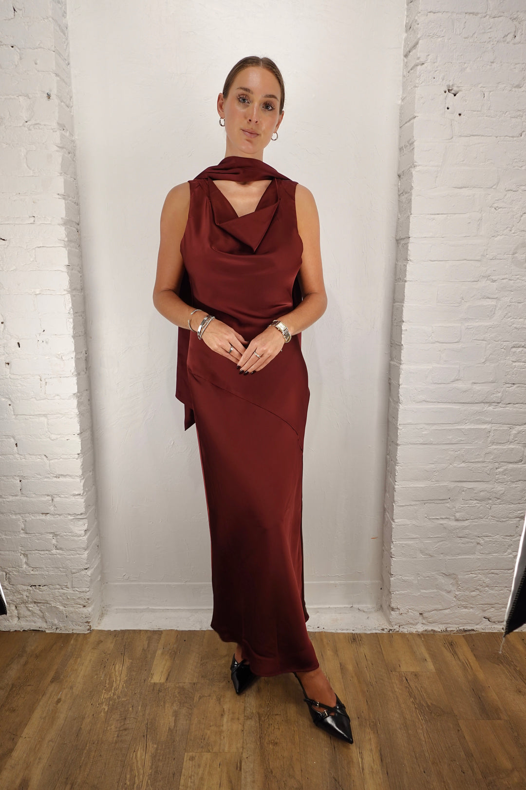 Cabaret Satin Cowl Neck Scarf Maxi Dress