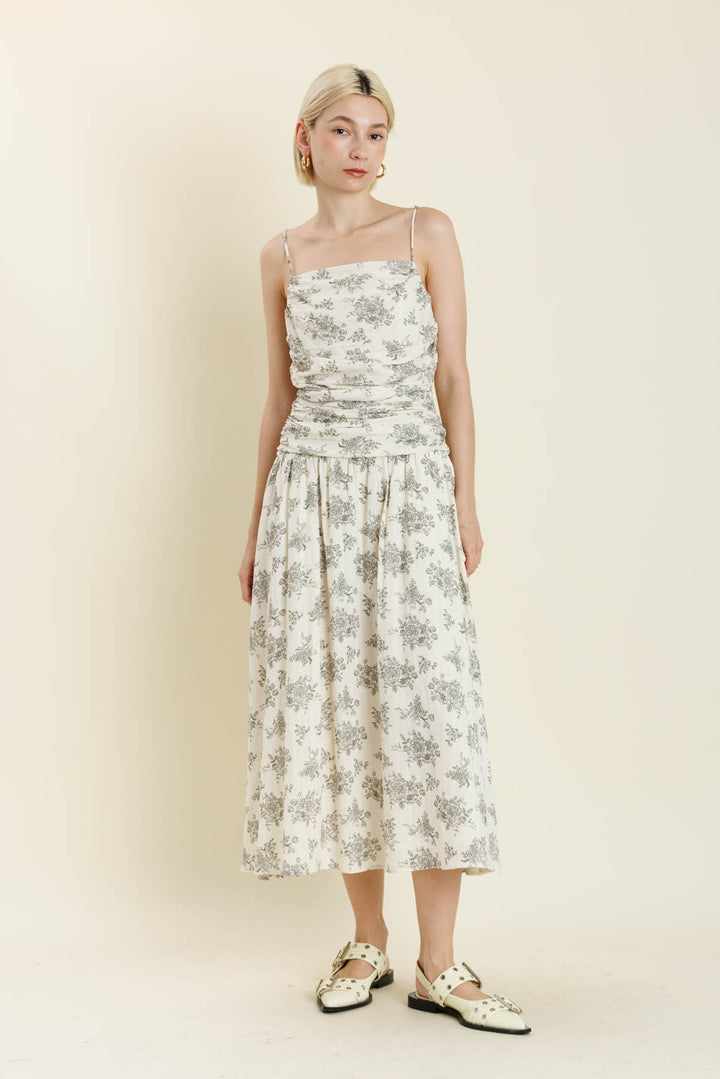 Shirred Floral Midi Dress
