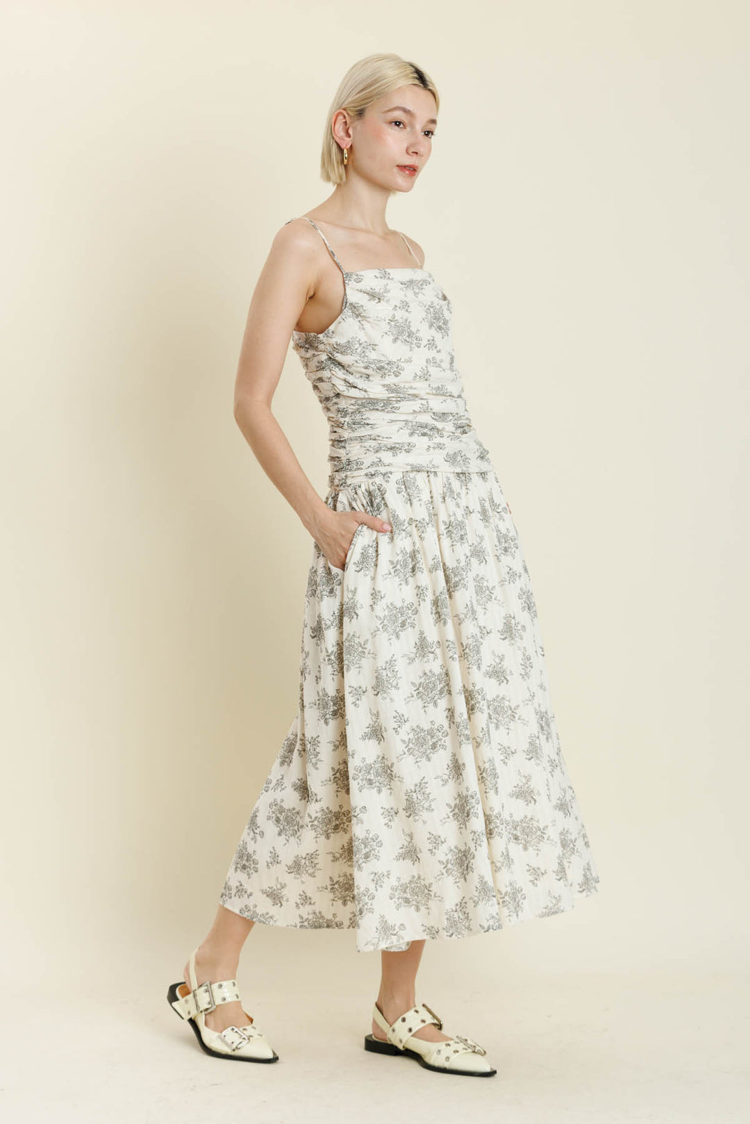 Shirred Floral Midi Dress