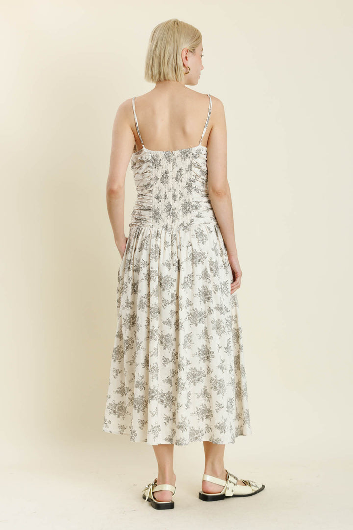 Shirred Floral Midi Dress