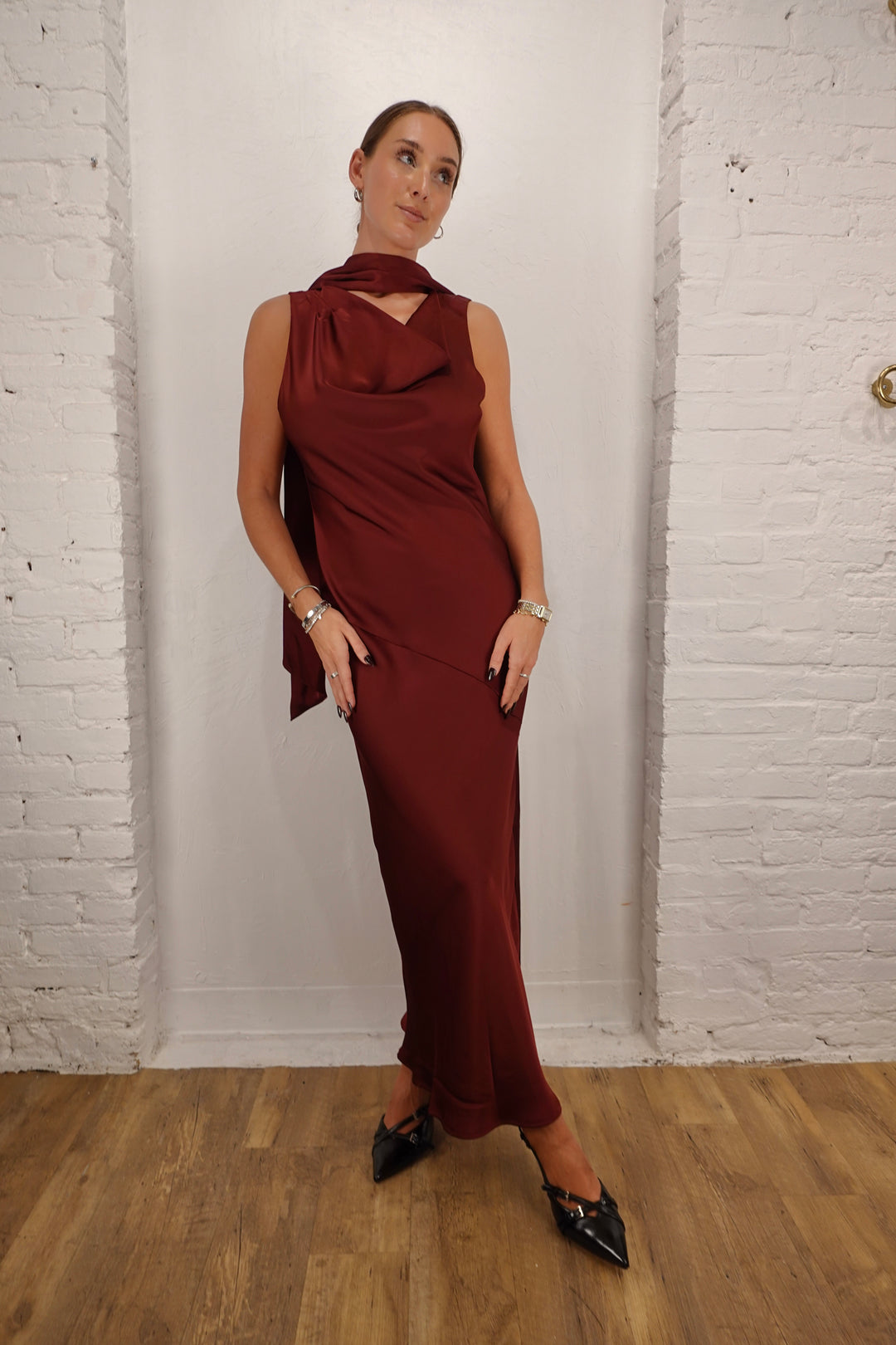 Cabaret Satin Cowl Neck Scarf Maxi Dress