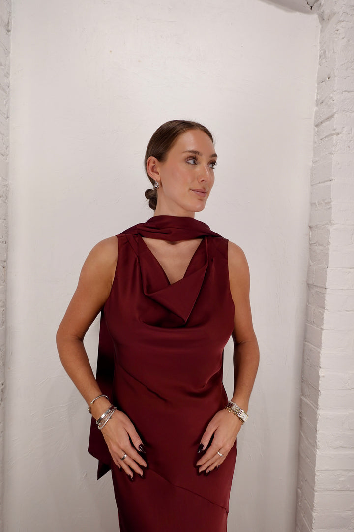 Cabaret Satin Cowl Neck Scarf Maxi Dress