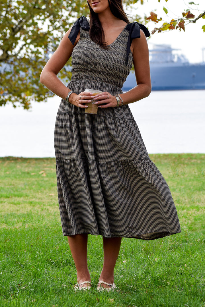 Kia Gingham Smocked Tired Midi Dress