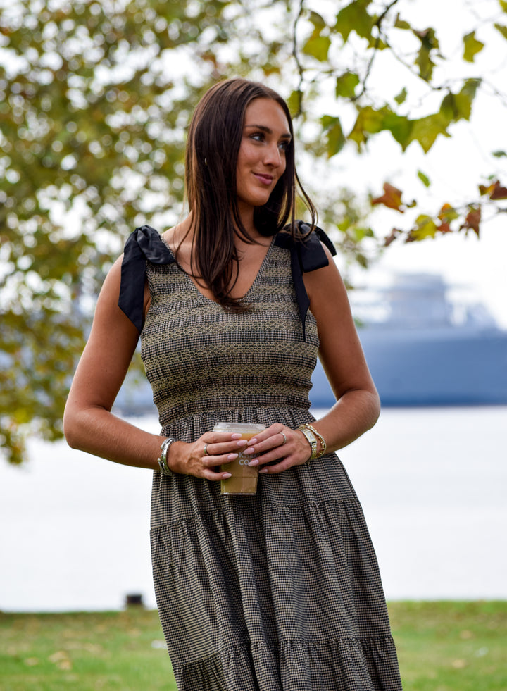 Kia Gingham Smocked Tired Midi Dress