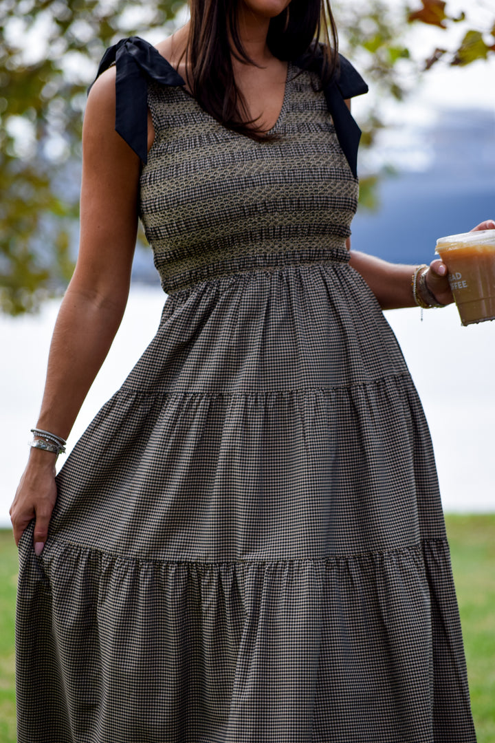 Kia Gingham Smocked Tired Midi Dress