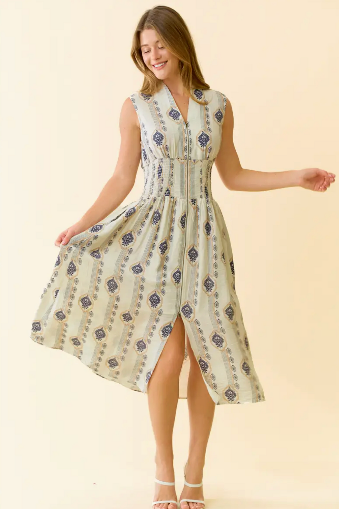 Botanical Zip Front Midi Dress