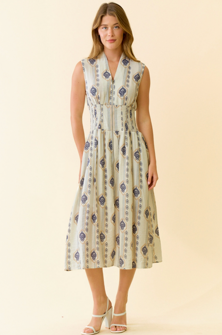 Botanical Zip Front Midi Dress