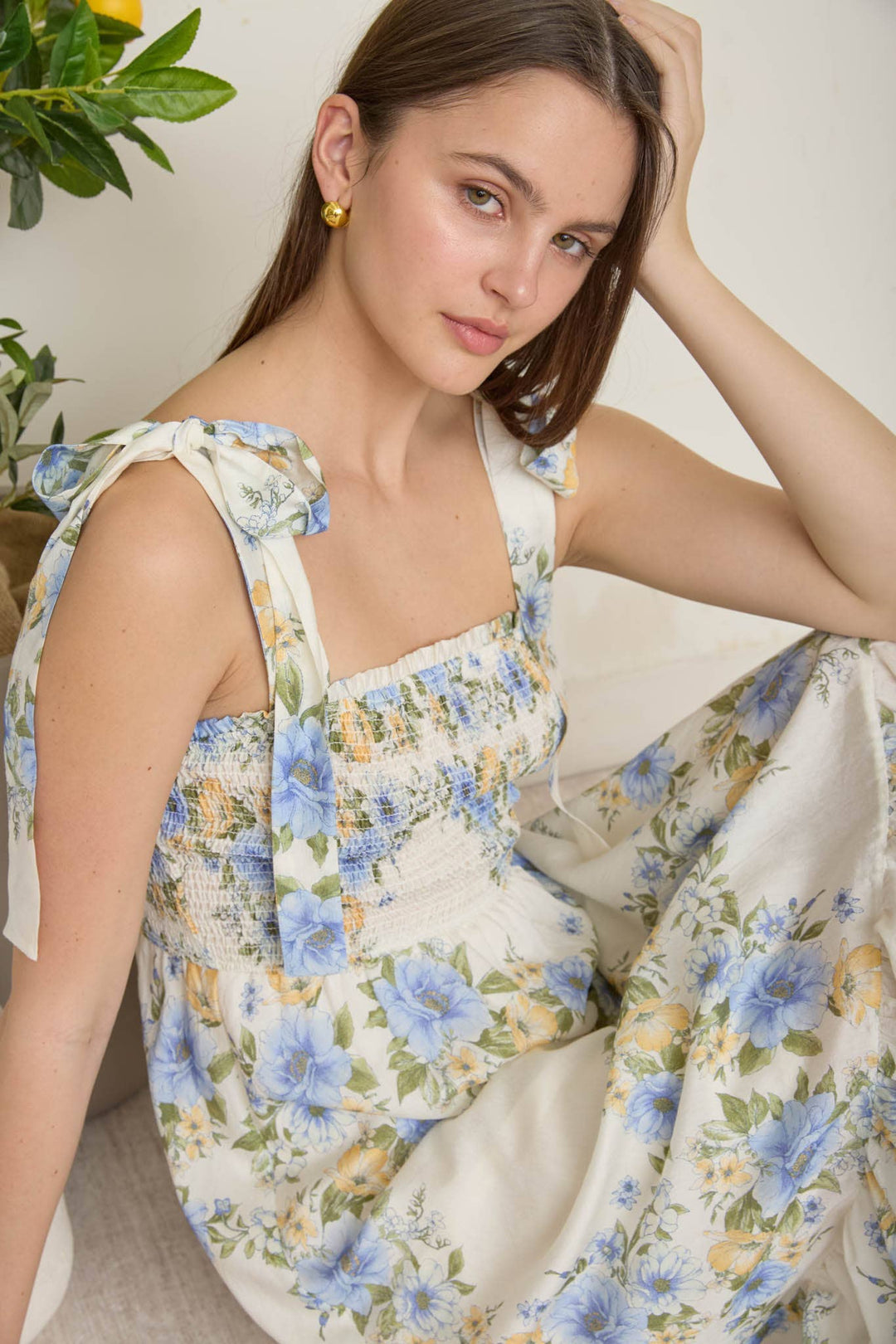 floral print ruffle hem midi dress Floral Print Ruffle Hem Bustier Cami Dress, White / XS