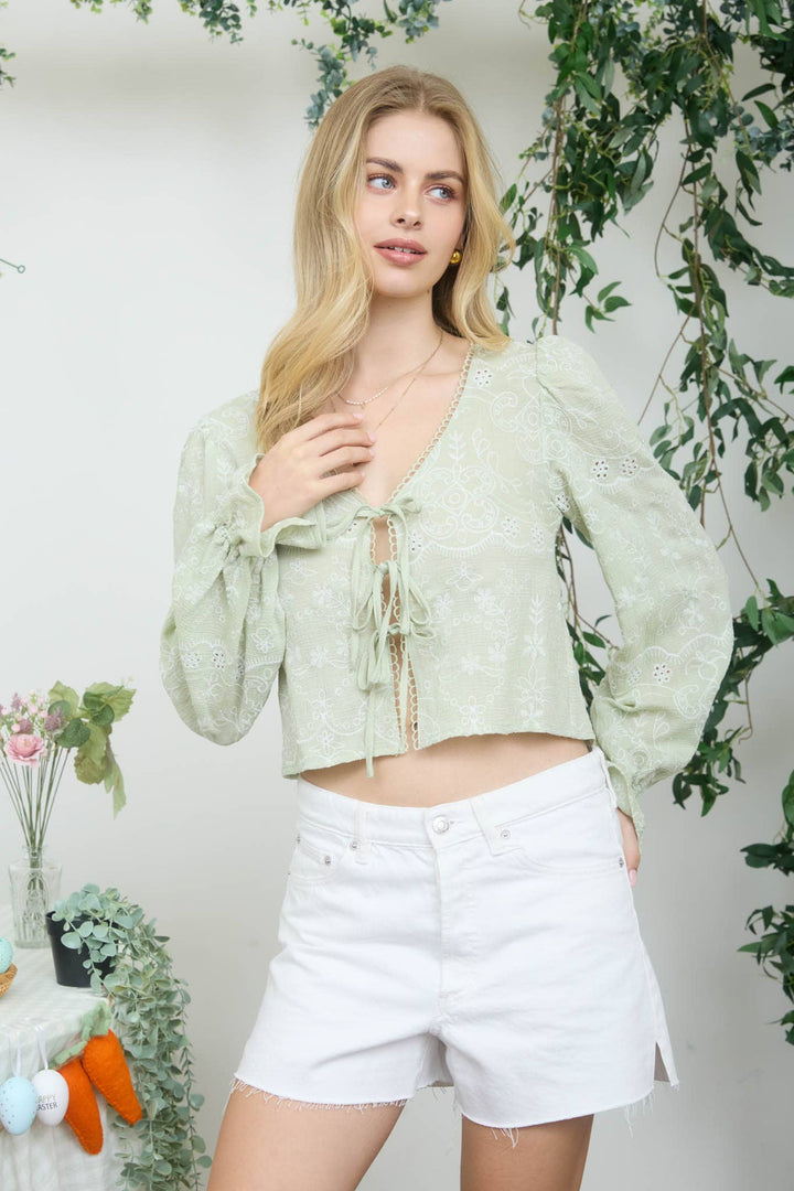Amber Embroidered Front Tie Top