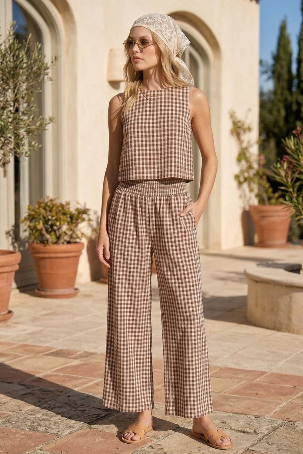 Hera Gingham Linen Wide-Leg Pants