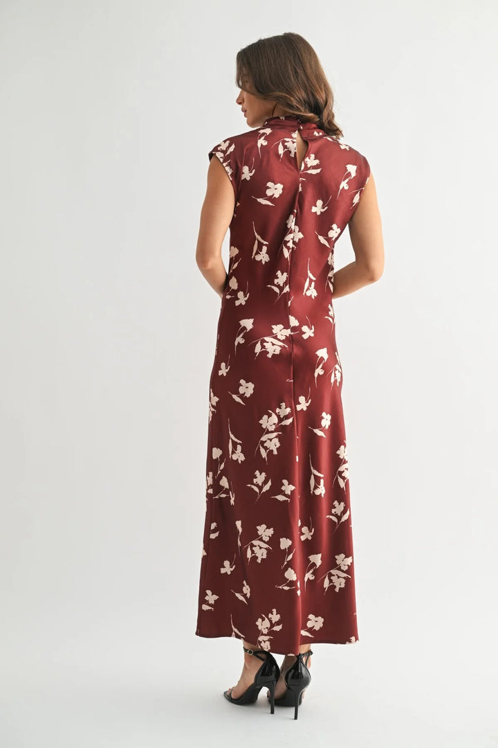 Flower Print Satin Mock Neck Dress