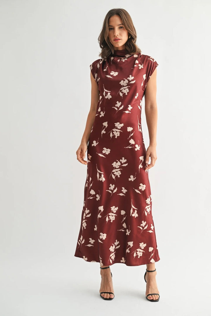 Flower Print Satin Mock Neck Dress