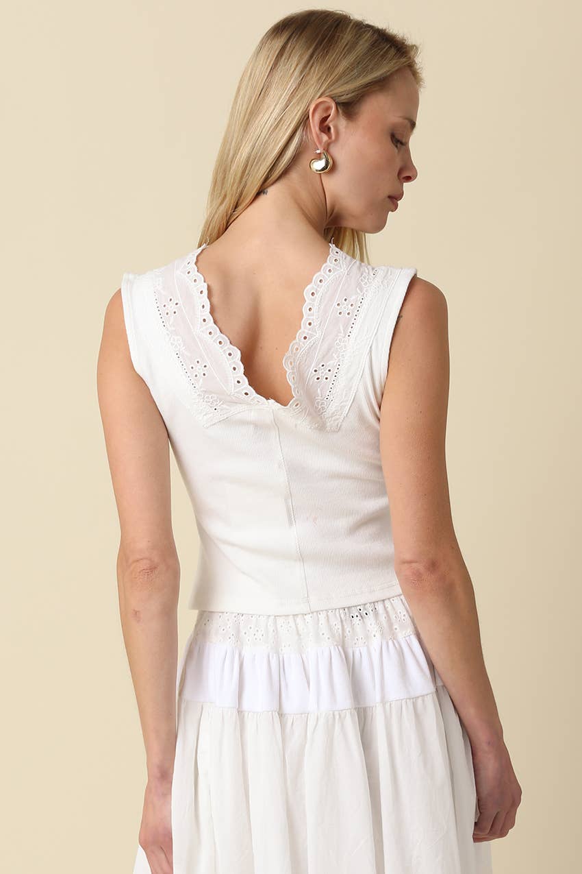 Amelia Lace-Up Scallop Trim Top - White