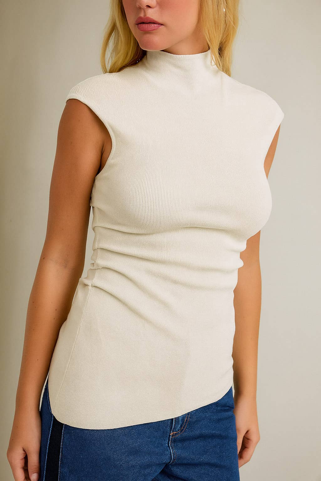 Allyson Mock Neck Shirred Waist Sweater
