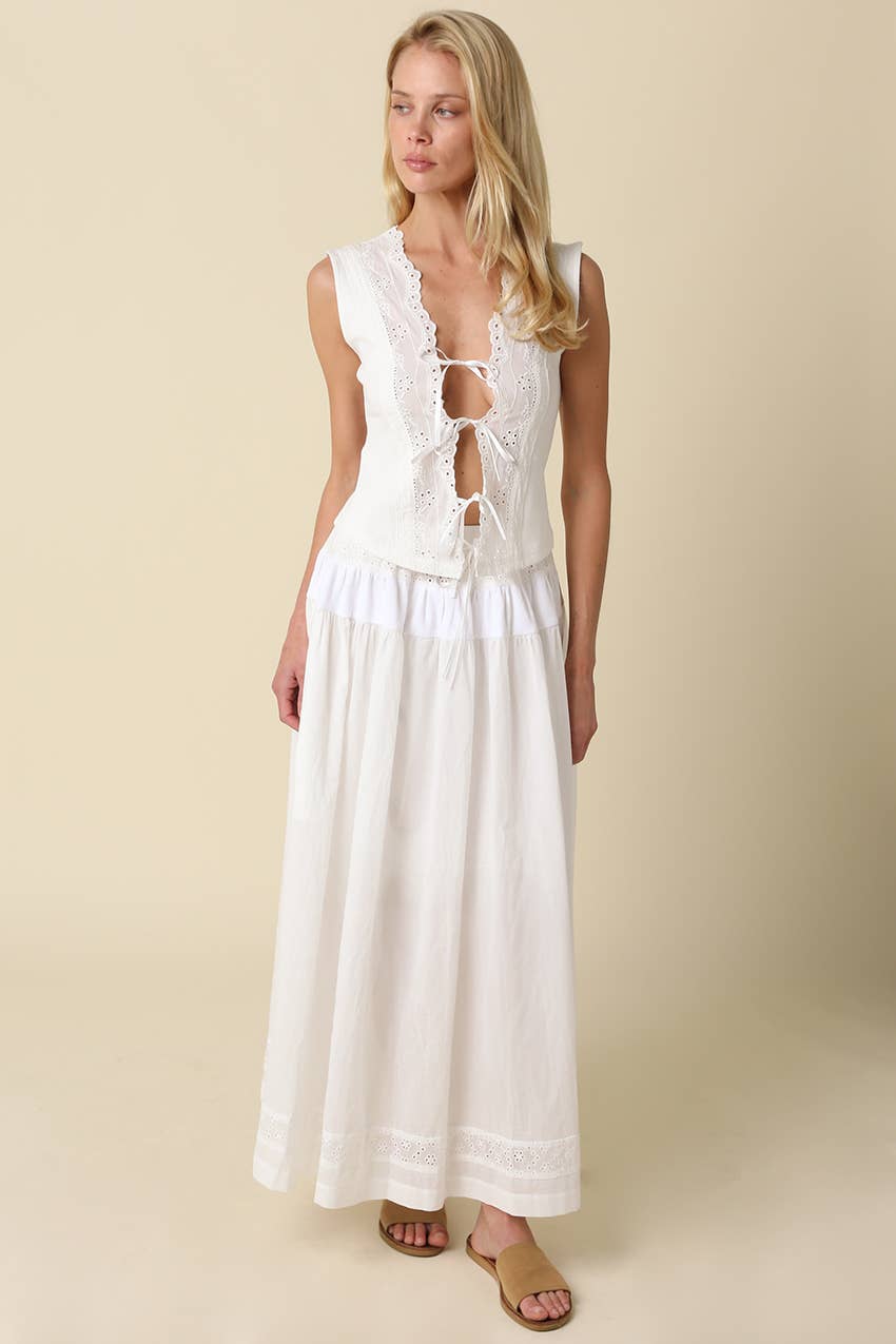 Amelia Lace-Up Scallop Trim Top - White