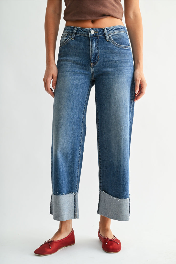 NIa - Scissor Cut Cuffed Wide Leg - Medium Denim