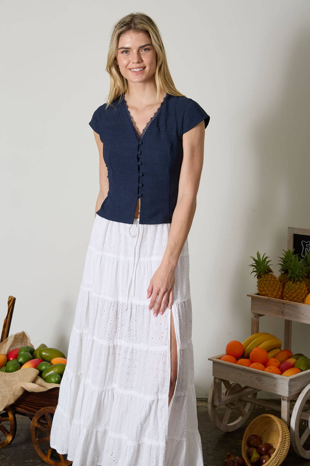 Victoria Lace Trim Button Down Blouse