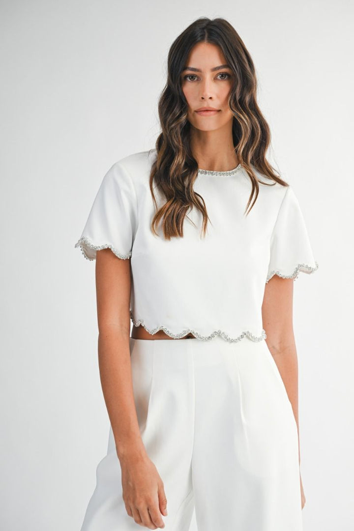 Scalloped Crop Top With Rhinestones