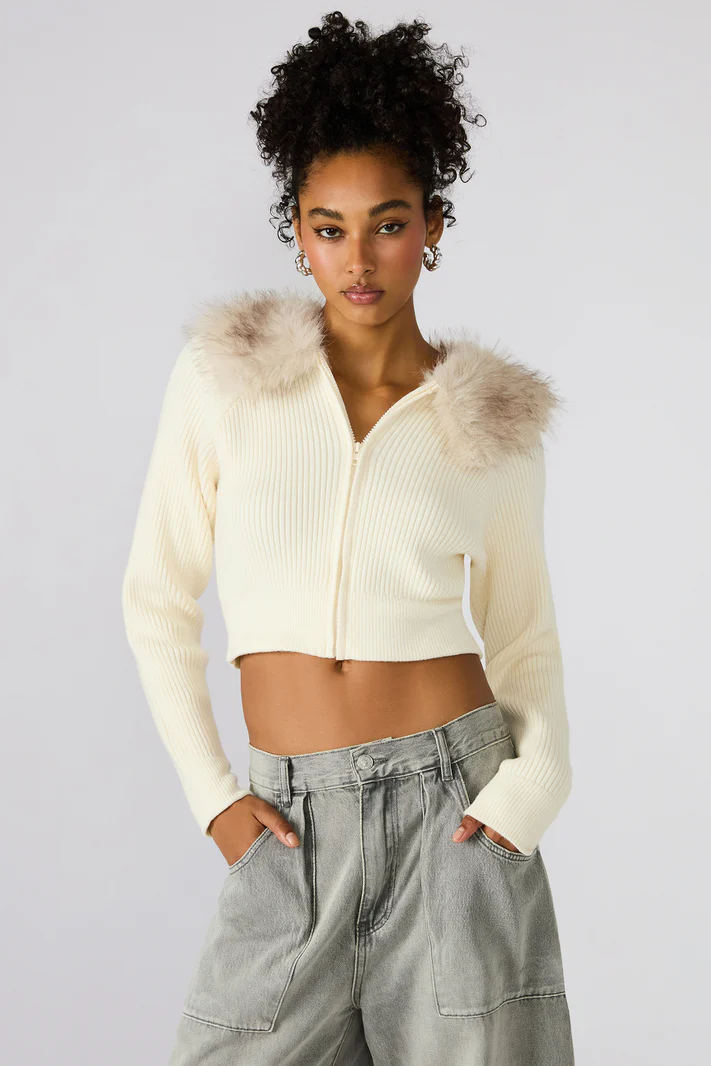 Lysia Faux Fur Collar Zip Up Sweater
