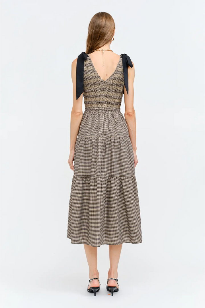 Kia Gingham Smocked Tired Midi Dress