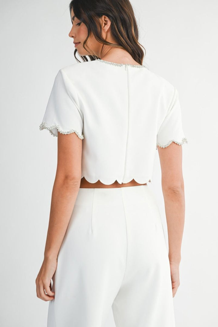 Scalloped Crop Top With Rhinestones