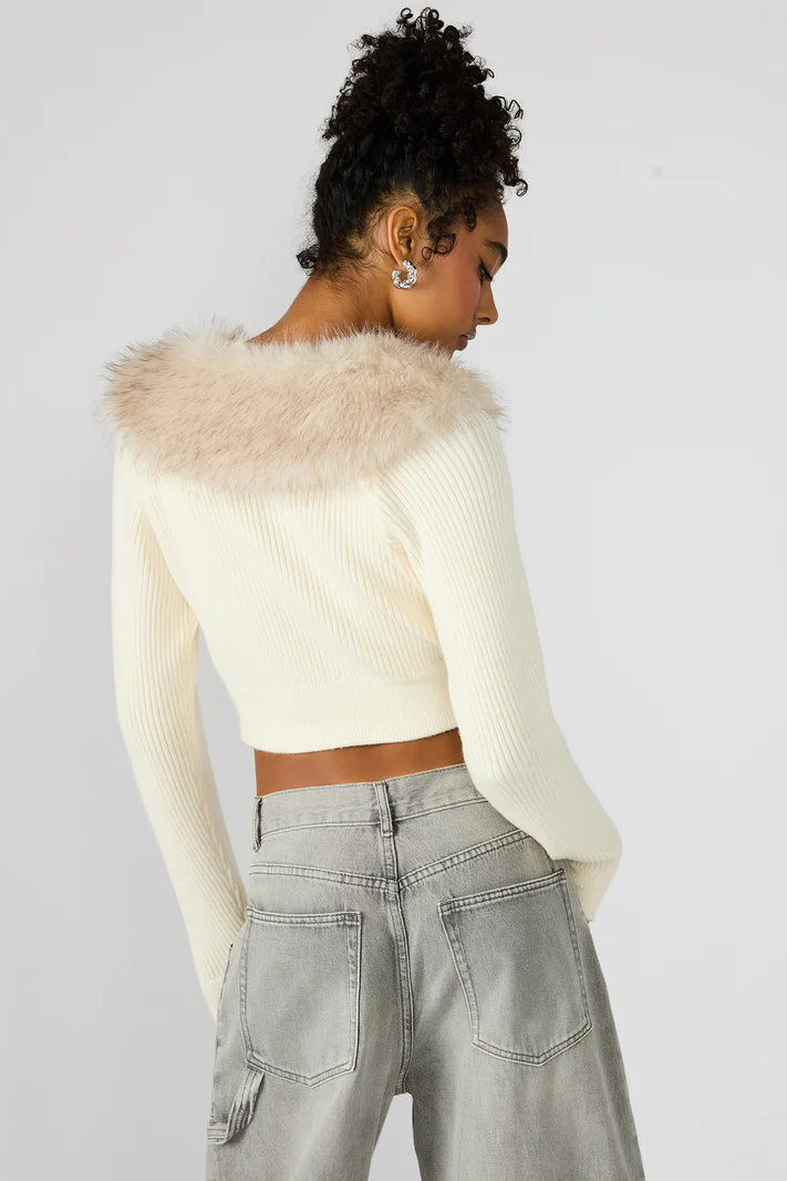 Lysia Faux Fur Collar Zip Up Sweater