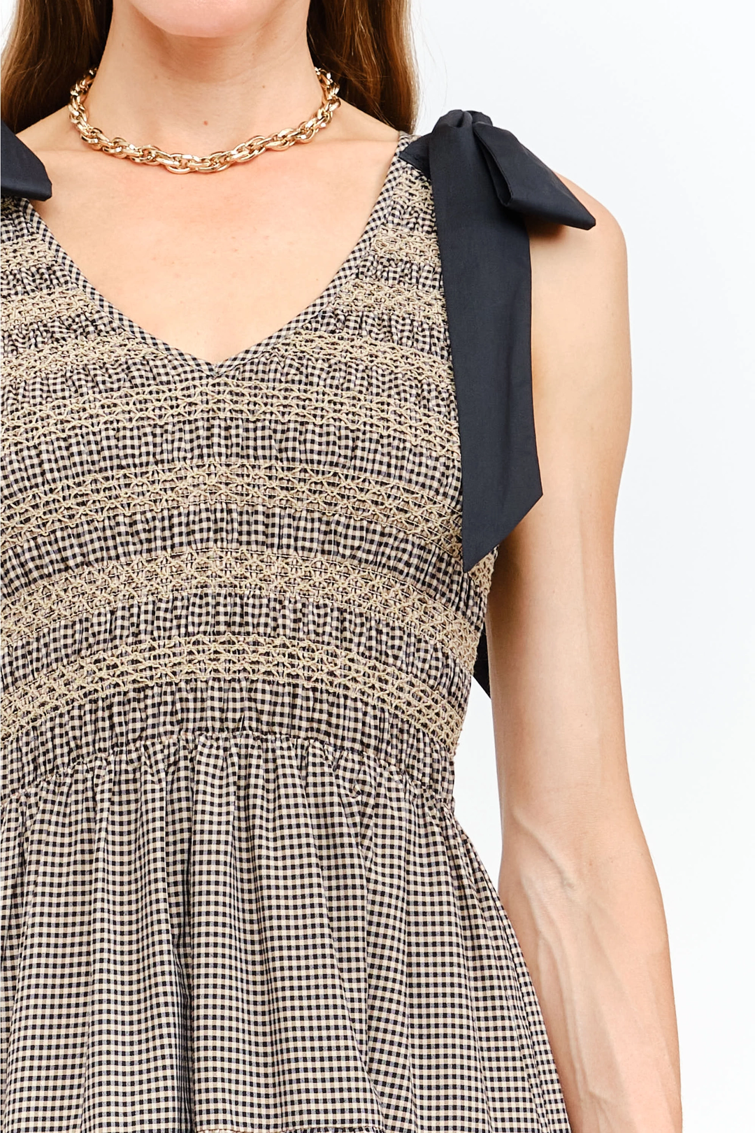 Kia Gingham Smocked Tired Midi Dress