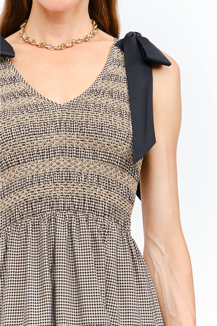 Kia Gingham Smocked Tired Midi Dress