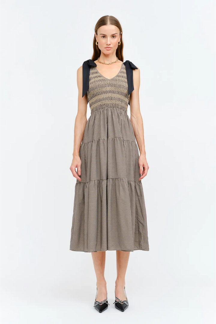 Kia Gingham Smocked Tired Midi Dress