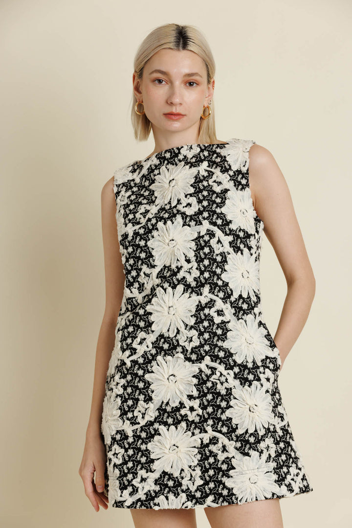 Floral Embroidered Twill Mini Dress