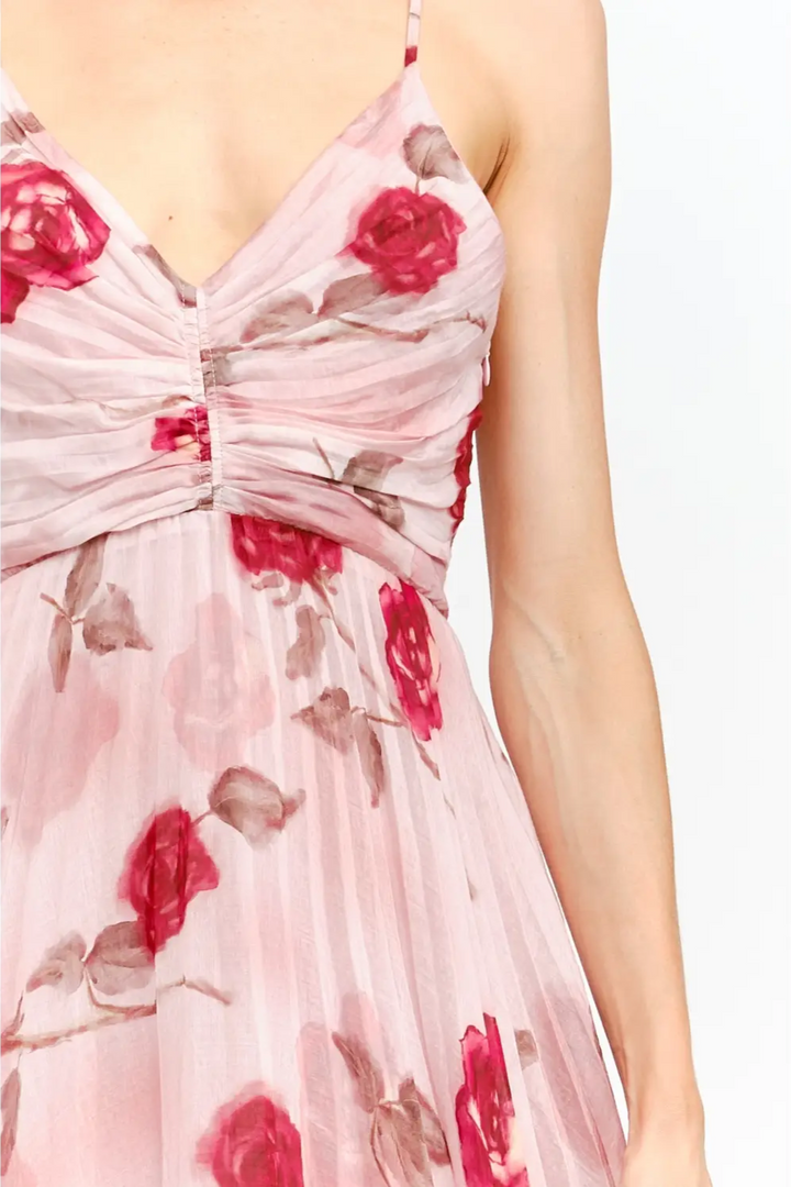 Sofie Floral Print Pleated Satin Midi Dress
