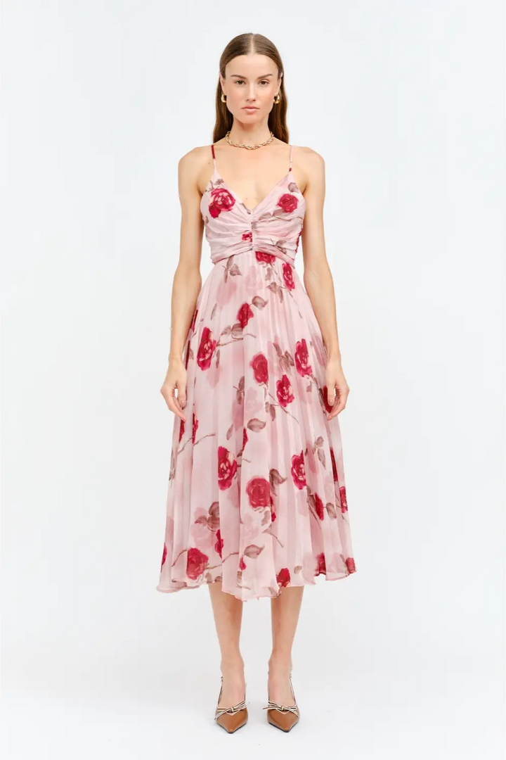 Sofie Floral Print Pleated Satin Midi Dress