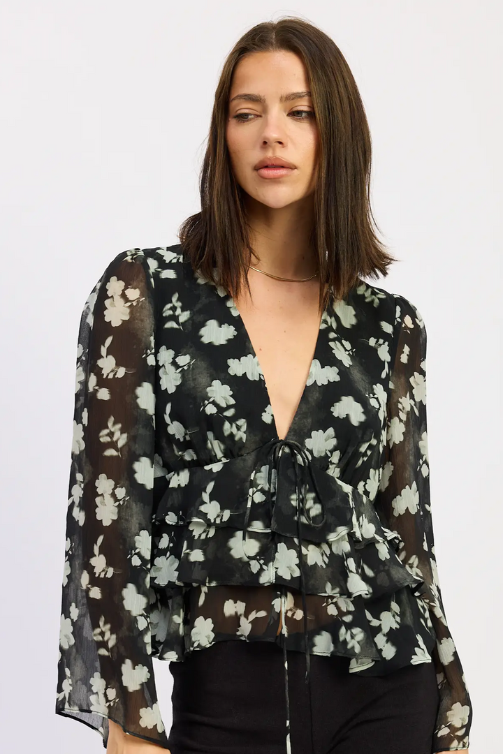 Floral Tie Front Ruffle Top