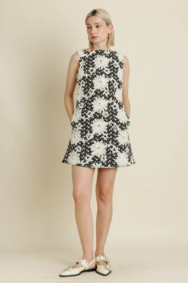 Floral Embroidered Twill Mini Dress