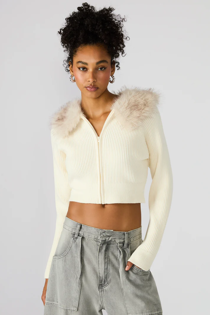 Lysia Faux Fur Collar Zip Up Sweater