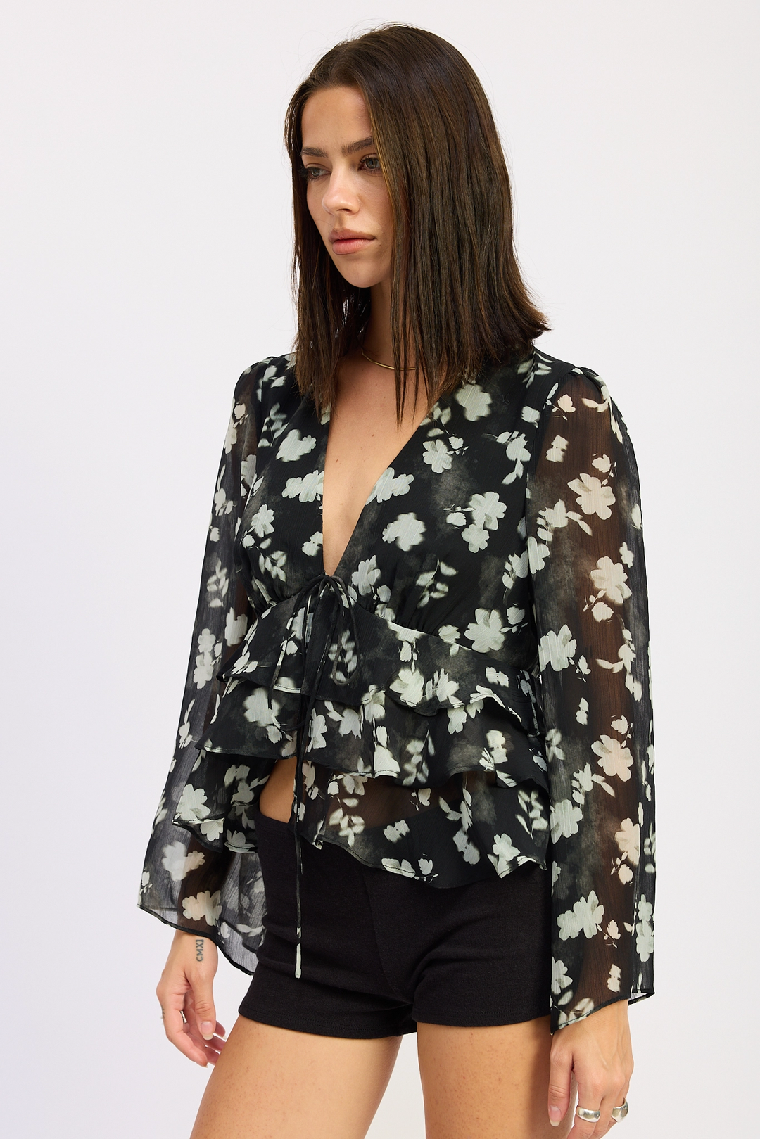 Floral Tie Front Ruffle Top