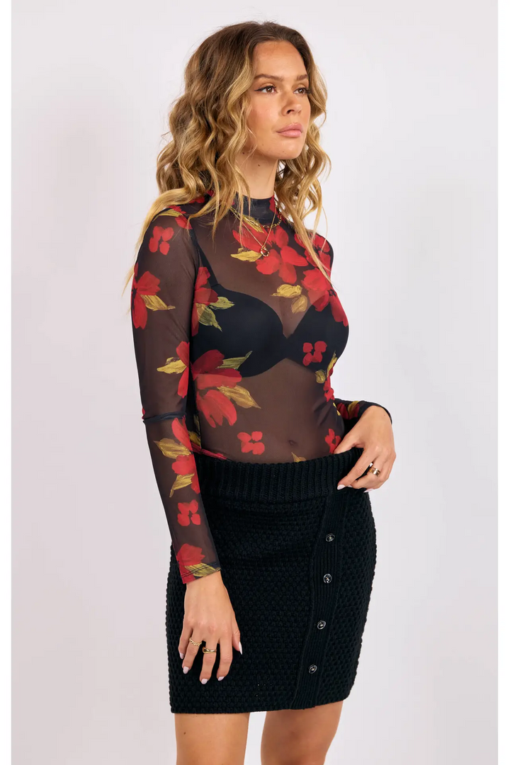 Gina Floral Mesh Mock Neck Top