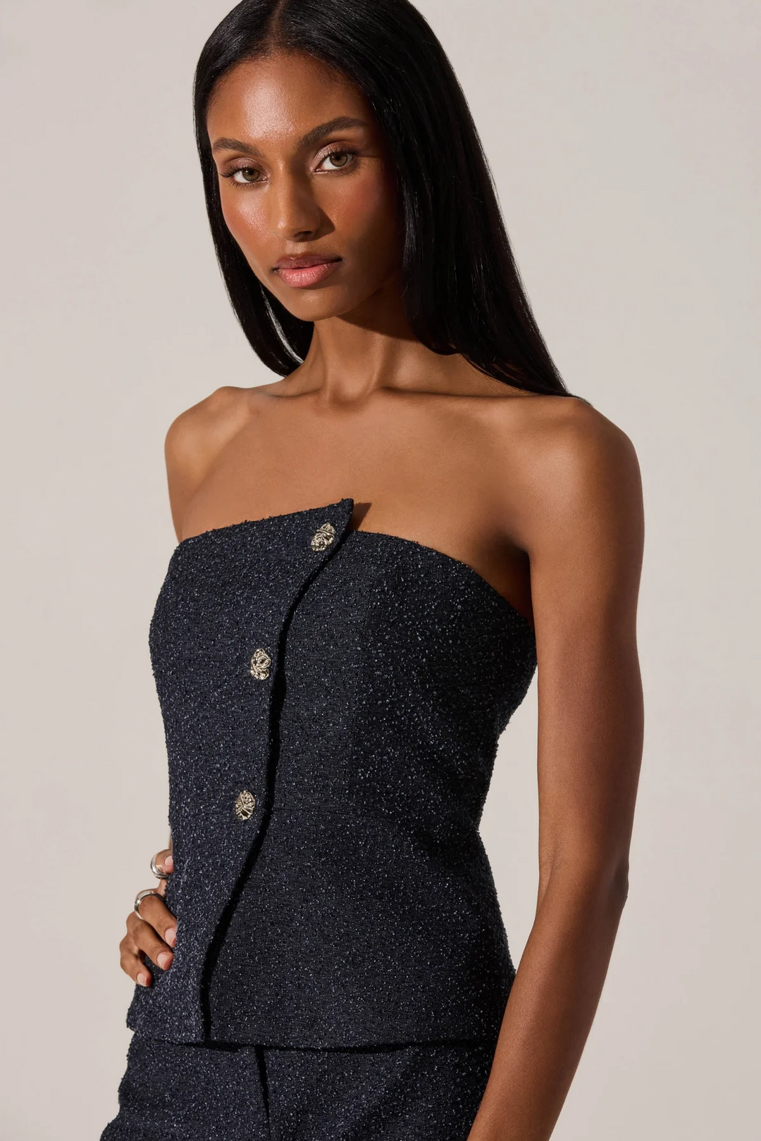 Moina Asymmetrical Strapless Tweed Top
